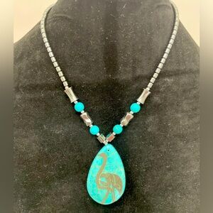 18-inch Necklace with Turquoise Colored Stone with Flamingo and malachite beads